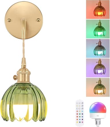 Battery Operated Wall Sconce with Green Tulip Shade Pattern Glass Adjustable Chain Retro Gold Wall Mounted Light, Modern Wall Lamp Fixtures Decor for Bedside Bedroom Indoor Doorway - Image 1