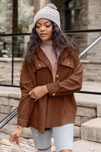 VICHYIE Womens Shirts Shacket Casual Long Sleeve Corduroy Lapel Oversized Button Down Blouses Tops Coat Coffee M - Image 6