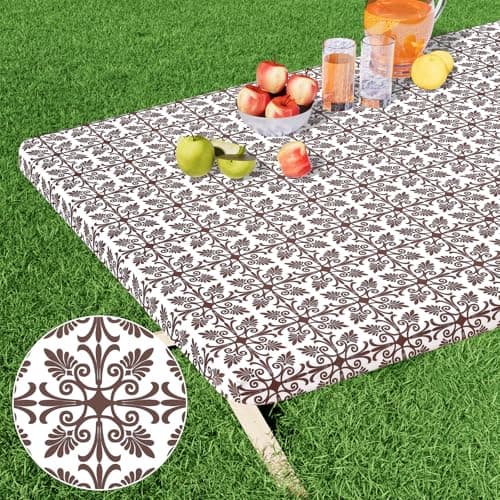 misaya Rectangle Vinyl Table Cloth, Elastic Fitted Flannel Backed Tablecloth, 100% Waterproof Plastic Table Cover Fits 6 Foot Folding Tables for Picnic, Camping, Outdoor (Coffee, 30" x 72") - Image 1