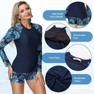 Swim Shirts for Women Long Sleeve Rashguard Floral Print Sun Protection Bathing Suit Set Navy Leaf XL - Image 2