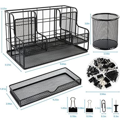 BCCICE Desk Organizers Caddy and Accessories with 7 Compartments + Pen Holder / 72 Clips Set, Drawer, Black Mesh Office Supplies Desktop Organizer for Home, Office Ect - Image 5
