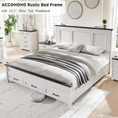 ACCOHOHO Farmhouse King Size Bed Frame with 52" Tall Headboard, Wood Platform Bedframe with Footboard and Storage Drawers, No Squeak, No Box Spring Needed, White - Image 3