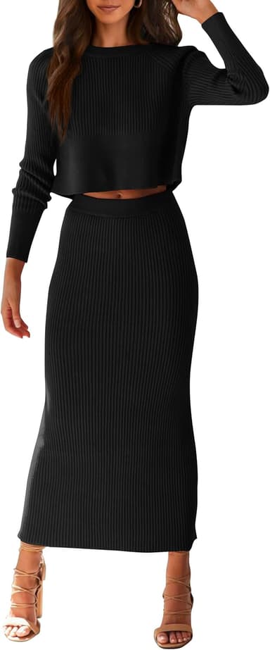 PRETTYGARDEN Women's Spring Fall 2 Piece Sweater Set Rib Knit Long Sleeve Crop Top Maxi Bodycon Skirt Casual Winter Outfits - Image 2