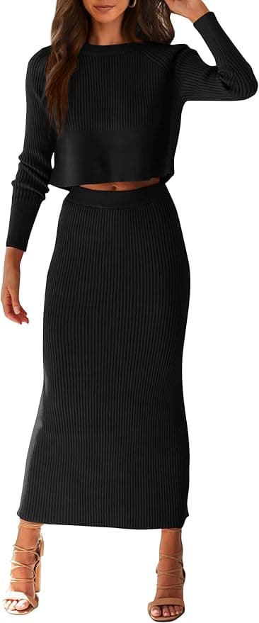 PRETTYGARDEN Women's Spring Fall 2 Piece Sweater Set Rib Knit Long Sleeve Crop Top Maxi Bodycon Skirt Casual Winter Outfits - Image 1