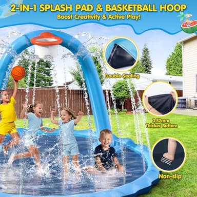 Hipsignal 110" Splash Pad for Kids & Dogs, 2-in-1 Large Sprinkler Water Toys with Basketball Hoop Arch, Thickened Pool Mat Toys for Backyard & Garden Outdoor Summer Fun Ages 4-12 - Image 4