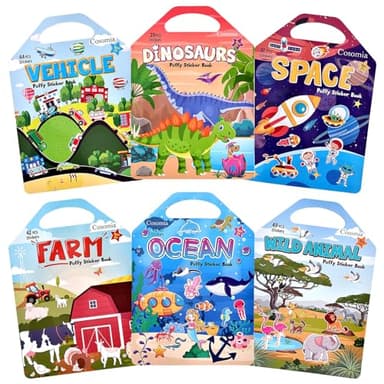 6 Set (260pcs) Puffy Sticker Books Activity for Kids, Animal, Farm, Dinosaurs, Space, Vehicle, Ocean, 3D Reusable Stickers for Boys and Girls, Travel Sticker Books for Kids Ages 3+ - Image 1