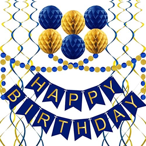 Navy Blue Birthday Decorations with Happy Birthday Banner, Paper Honeycomb Balls, Circle Garland and Hanging Swirl Decorations - Image 1