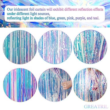 Iridescent Party Streamers Backdrop - GREATRIL Neon Transparent Holographic Tinsel Foil Fringe Curtain for Mermaid/Frozen/Sea/Euphoria/ERAS Party Theme Decorations 3.2ft x 6.5ft 2 PCS - Image 6