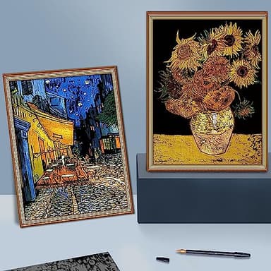 Scratch Art Painting 4 Pcs Vincent Van Gogh Scratch Rainbow Paper Set for Adults and Kids, DIY Sketch Card Engraving Craft Night View Scratchboard with 4 Tools - Cafe Terrace, Sunflowers, Starry Night - Image 5
