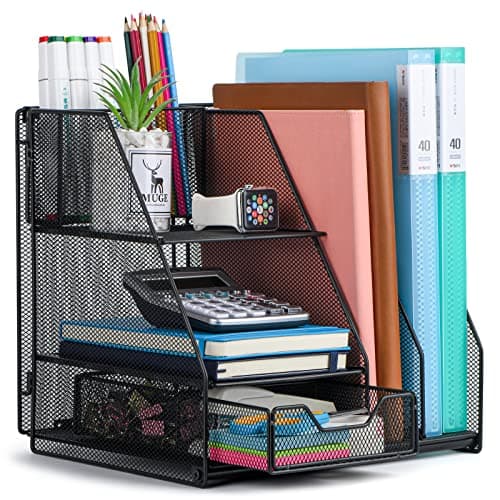 Desk Organizer, File Organizer for Desk with 2-Tier Paper Letter Tray, Drawer and 2 Pen Holder, Mesh Desktop Organization with Magazine Holder for Office Supplies - Image 1