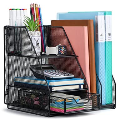 Desk Organizer, File Organizer for Desk with 2-Tier Paper Letter Tray, Drawer and 2 Pen Holder, Mesh Desktop Organization with Magazine Holder for Office Supplies - Image 1