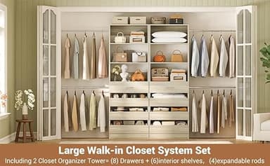 Aheaplus Closet System, 6-15Ft Closet Organizer with 8 Wooden Drawers, Wood Closet Organizer System with Tower, Walk-in Closet Organizer Wardrobe Garment Clothes Rack with 4 Hanging Rods, White Oak - Image 5