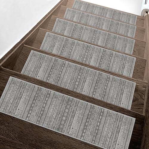 sarben Carpet Stair Treads Non Slip 15PCS, 8" X 30"Edging Stair Runner for Wooden Steps Indoor, Resistant Stair Rugs with Reusable TPE Adhesive Backing, Residue Free Mat for Kids, Elders, Pets, Grey - Image 1
