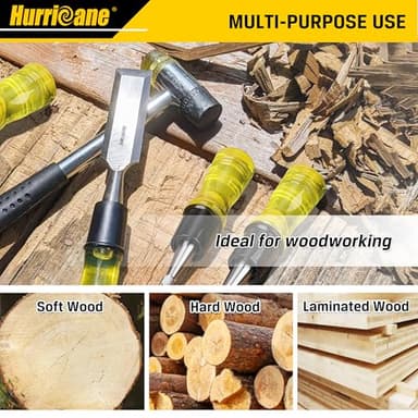 HURRICANE 4 Piece Wood Chisel Set for Woodworking. CR-V Steel Beveled Edge Blades with Safety Caps. Durable PVC High Impact Handle, for Precision Carving & DIY Projects (1/4", 1/2", 3/4", 1") - Image 6