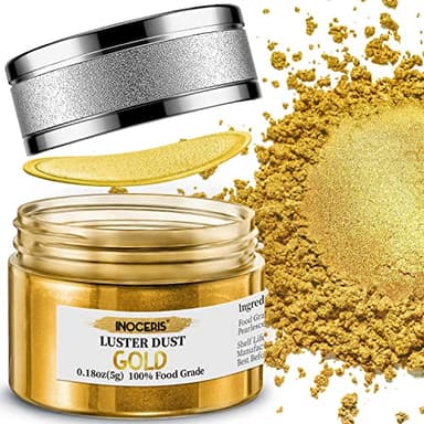 INOCERIS Edible Luster Dust, 5 Grams Food Grade Gold Cake Dust Shimmer Metallic Gold Food Coloring Powder for Cake Decorating, Baking, Fondant, Chocolate, Candy, Drinks, Cookies - Image 1