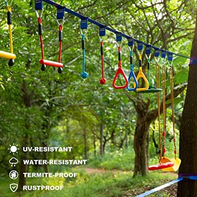 2x65 FT Ninja Warrior Obstacle Course for Kids with 13 Ninja Accessories - 600lbs Weight Capacity, Slackline with Swing Seat, Disc Swing, Ninja Wheel, Rope Ladder, Monkey Bar, Ninja Ring, Arm Trainer - Image 2