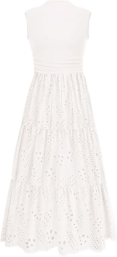 PRETTYGARDEN Summer Dresses for Women 2025 Casual Eyelet Sleeveless Wedding Guest Maxi Dress Tank Top Sundress with Pockets - Image 1