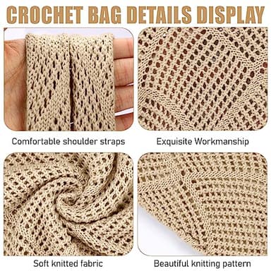 hatisan Crochet Bags for Women - Summer Beach Tote, Aesthetic Hippie Knit Bag (A-Khaki) - Image 4