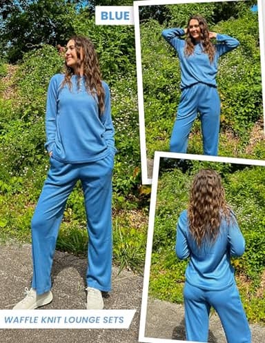 Ekouaer Waffle Knit Pajamas for Women Set Long Sleeve Pants Pj Henley Tops Lounge Sets Comfy Sleepwear with Pockets Blue XL - Image 2