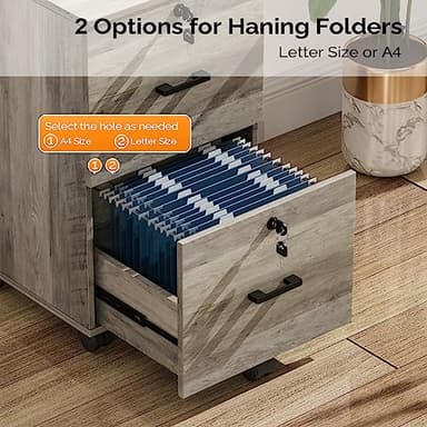 VINGLI 2 Drawer File Cabinet with Lock, Wood Rustic Gray Filing Cabinet for Letter Size File Folders with Tabs, Under Desk Rolling File Cabinets for Home Office, Mobile File Organization Printer Stand - Image 9
