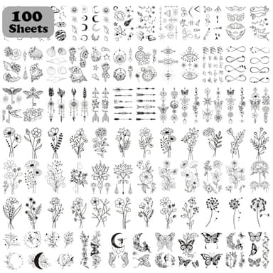 Cerlaza 100 Sheets Temporary Tattoos for Women Adult, 420 Mixed Styles Tiny Branch Fake Tattoo Stickers that Look Real and Last Long, Halloween Decoration Realistic Henna for Girl Body Art Sticker - Image 1