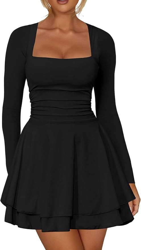 Kaximil Women's Square Neck Ruffle Hem Mini Dress Ruched Waist Long Sleeve Corset Short Party Dresses - Image 1