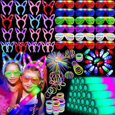 HHJ 284 PCS Glow in The Dark Party Supplies with 200 Glow Sticks 20 Led Glasses 20 Finger Lights 20 Hair Clips Fiber Optic Glow Party Favors for Birthday Wedding Concert 4th of July (284) - Image 1
