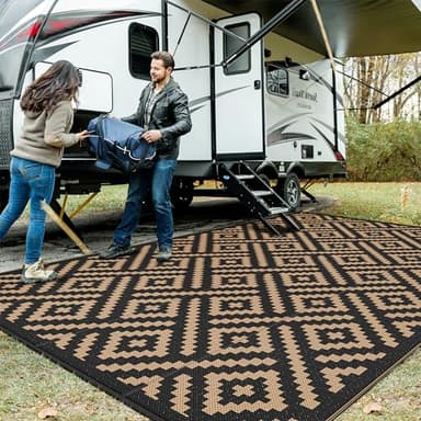 GENIMO Outdoor Rug for Patio Clearance, 10'x14' Waterproof Large Camping Mat, Reversible Plastic Straw Rugs for RV, Camper, Balcony, Backyard, Picnic, Deck (Black & Brown) - Image 1