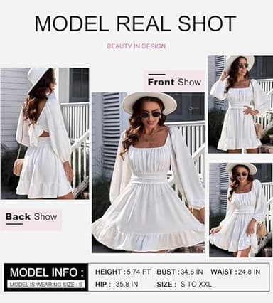 Dokotoo Women's Lantern Long Sleeve Dresses Tie Back Square Neck Fall Dresses Ruffled Off Shoulder A-Line Midi Dress Casual Mini Dress for Women White Medium - Image 2