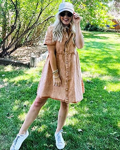 LookbookStore Women's Short Sleeve Babydoll Dress with Lapel Collar Button Down Dress Loose Fit Denim Dress for Women Casual Pecan Brown Size S - Image 5