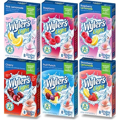 Wyler's Light Singles To Go Drink Mix, Variety 6 Pack, Pink Lemonade, Strawberry Lemonade, Fruit Punch, Cherry, Raspberry, and Raspberry Lemonade (48 Drink Sticks Total) - Image 1