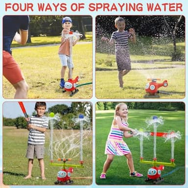 4 in 1 Water Sprinklers T Ball Set for Kids and Toddlers, Baseball Sprinkler for Backyard Helicopter Toy Outdoor Game, Attaches to Garden Hose Summer Yard Pool Water Toy - Image 2