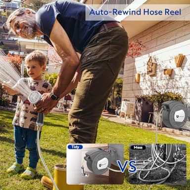 Retractable Garden Hose Reel, 1/2 in x 100 ft Wall Mounted Hose Reel, 10-Pattern Spray Nozzle, Any Length Lock/Slow Return System/Wall Mounted/180°Swivel Bracket - Image 4