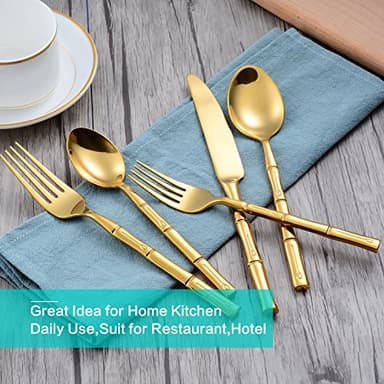 Flatasy Silverware Set Gold Flatware Set Stainless Steel Bamboo Handle Cutlery Set Mirror Polished 60 Pieces for Home Kitchen Restaurant Hotel Wedding Housewarming Gift Service for 12 - Image 3