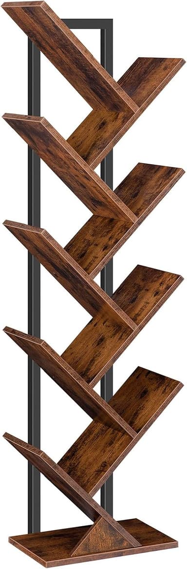 HOOBRO Tree Bookshelf, 9-Tier Bookcase Wooden Shelves, Floor Standing Storage Rack, for Display of CDs, Books in Living Room, Home Office, Wood Storage Rack for Bedroom, Rustic Brown BF08SJ01G1 - Image 2