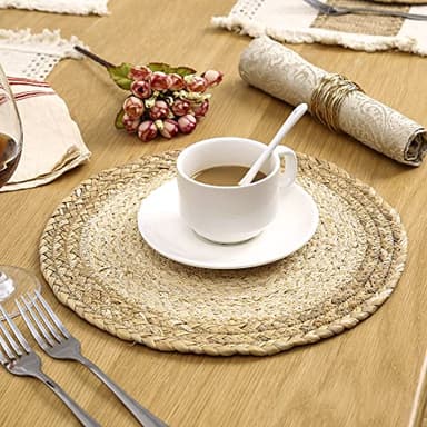 Zology Handmade Boho Placemats Set of 6 - Natural Cotton Burlap and Water Straw Woven Combination Table Mats, Macrame Décor and Farmhouse Style Placemats, for Dining Table Kitchen - Image 6
