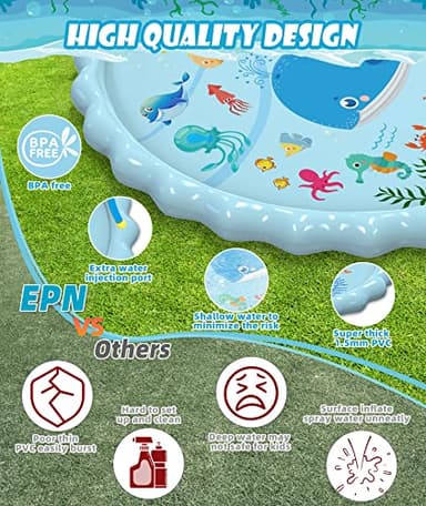 EPN Splash Pad, Extra Large Sprinkler Play Mat Fun for Kids, Thicker Summer Outdoor Water Toys Toddler Pool for 3-12 Years Old Children Boys & Girls (102.3") - Image 3