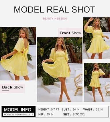 Dokotoo Womens Yellow Sexy Dress Square Neck Shirred Elastic Waist Lantern Sleeve Ruffle Tie Back A-Line Mini Dress Casual Summer Dresses for Women Large - Image 3