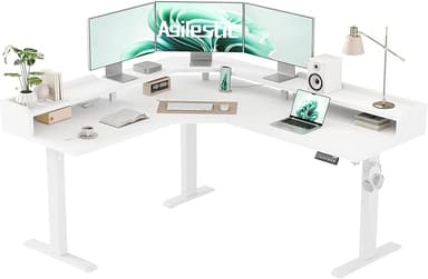 Agilestic L Shaped Standing Desk, Adjustable Height Corner Gaming Desk with Shelf, Sit Stand Up Desk, 63 x 55 Inch Home Office Computer Table, White - Image 1