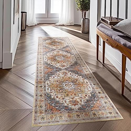 befbee 2.6'x8'Non Slip Runner Rugs - Runners for hallways, Kitchen,Entryway,Stain Resistant Washable Rugs for Bedroom, Indoor Vintage Area Rugs (Turmeric/Grey,2.6'x8') - Image 1