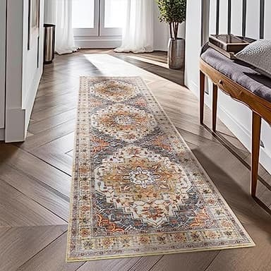 befbee 2.6'x8'Non Slip Runner Rugs - Runners for hallways, Kitchen,Entryway,Stain Resistant Washable Rugs for Bedroom, Indoor Vintage Area Rugs (Turmeric/Grey,2.6'x8') - Image 1