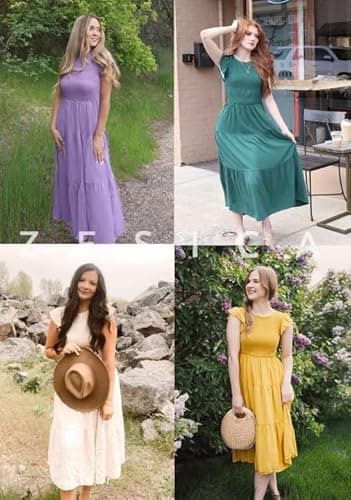 ZESICA Women's 2025 Summer Casual Flutter Short Sleeve Crew Neck Smocked Elastic Waist Tiered Midi Dress,Peacock,Medium - Image 7