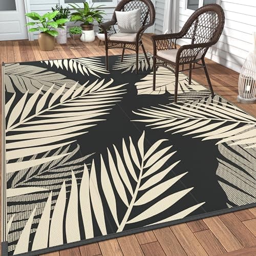 GENIMO Outdoor Rug 9' x 12' Waterproof for Patios Clearance, Reversible Outdoor Plastic Straw Camping Rug Carpet, Large Area Rugs Mats for RV, Camper, Deck, Balcony, Porch, Beach, Picnic, Black&Beige - Image 1
