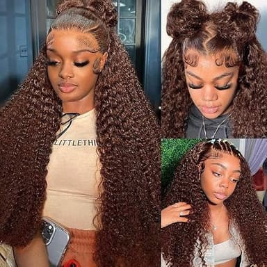 ghotool 200% Density Mongolian Curly Lace Front Wigs Human Hair 13x6 Auburn Brown HD Transparent Lace Front Wigs Human Hair for Women With Baby Hair Chocolate Deep Curly Lace Front Wigs - Image 4