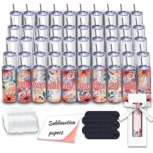 50 Pack Sublimation Tumblers 20 oz Skinny bulk,Stainless Steel Double Wall Insulated Straight Sublimation Tumbler Cups Blank White with Lid,Individually Box,Polymer Coating for Heat Transfer - Image 1
