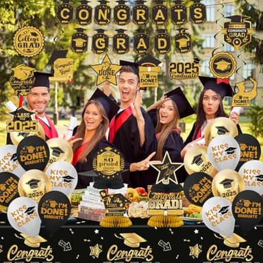 2025 Graduation Decorations Set- Class of 2025 Grad Party Decorations, Congrats Grad Banner, Backdrop, Grad Hanging Swirl, Balloons and Honeycomb Table Toppers, Graduation Party Supplies - Image 6