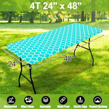 Smiry Rectangle Picnic Table Cover, Waterproof Elastic Fitted Camping Tablecloths for 4 Foot Tables, Wipeable Flannel Backed Vinyl Tablecloth Protector for Indoor, Outdoor (Teal, 24x48 Inches) - Image 2