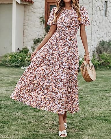 PRETTYGARDEN Women's Summer Casual Short Flutter Sleeve Round Neck Smocked Waist Tiered Boho Floral Flowy Maxi Dress(Floral and Leave Brown White,XX-Large) - Image 7