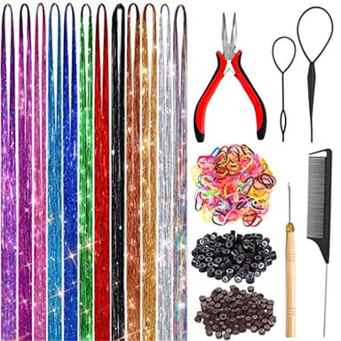 Fairy Hair Tinsel Kit with Tools 48 Inch Heat Resistant Safe 12 Colors Glitter Tinsel Hair Extensions 3200 strands (12 Colors, 3200 Strands) - Image 1