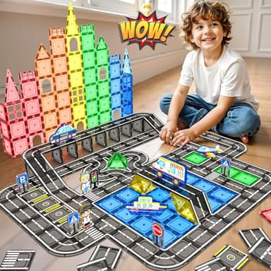 IGIVI 104 PCS Magnetic Tiles Road Set, STEM Construction Toys for Kids Ages 3-5 5-7 4-8, Magnet Building Blocks for Toddler Toys Games, Christmas Birthday Gifts for 3+ Year Old Boys Girls - Image 5